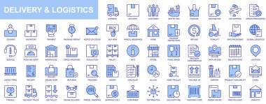 Teslimat ve lojistik web simgeleri duotone hatlı vuruş tasarımı ile ayarlandı. Paket, hedef, hava taşımacılığı, sipariş, işleme, kurye, ödeme, paket, kargo içeren resimler hazırla. Vektör illüstrasyonu.