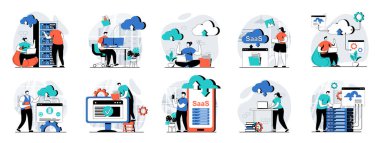SaaS web sitesi konsepti, düz tasarımda mega insan sahneleri. Bulut işleme ile karakter durumları ve abonelik ile kullanılan programlar, servis olarak yazılım. Vektör illüstrasyonları.