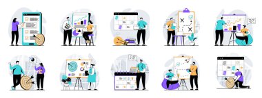 İnsanlar ile stratejik planlama web kavramı yassı tasarımda mega bir sahne. Fikir üreten, istatistikleri analiz eden, strateji ve hedef oluşturan karakter durumları. Vektör illüstrasyonları.