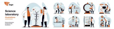 Düz web dizaynında insan sahnelerinin olduğu bilim laboratuarı konsepti. Bilimsel araştırmalı karakter durumları, kimyasal testler, laboratuarda yapılan deneyler. Vektör illüstrasyonları.