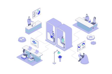 Web için özet izometri tasarımında eş zamanlı izometrik konsept. Açık uzay ofisinde dizüstü bilgisayarda çalışan insanlar, iş arkadaşları takım toplantısı, iş yerinde iş yapan serbest çalışanlar. Vektör illüstrasyonu.