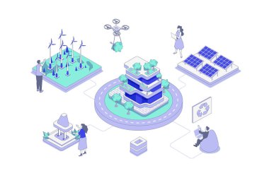 Green City izometrik kavramı web için izometri tasarımı. İnsanlar akıllı şehir sistemindeki alternatif enerji kaynaklarını ve çevre dostu altyapıyı izliyor ve yönetiyor. Vektör illüstrasyonu.