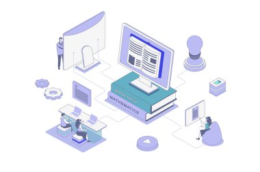 Web için izometri tasarımında izometrik konsepti inceliyorum. Bilgisayarda dijital kitaplar okuyan, e-kitaplar ve ders kitaplarıyla öğrenen, uzaktan ödev yapan insanlar. Vektör illüstrasyonu.