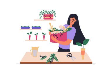 Düz dizaynlı insanların olduğu süslü web konsepti. Kadın çiçekçide çalışıyor, çiçek ve çiçek satıyor, hobi yapıyor ve buketler yaratıyor. Web için karakter durumu olan vektör illüstrasyonu