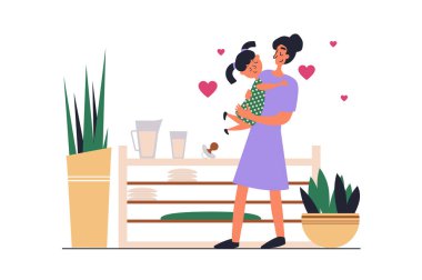 Düz dizaynlı insanların olduğu annelik web konsepti. Mutlu bir anne kucağına alıp küçük kızını kucaklıyor, annelik ve ilişkiden hoşlanıyor. Web için karakter durumu olan vektör illüstrasyonu