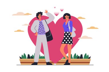 Randevu sitesi konseptindeki çift ve düz dizaynlı insanlar. Kalp sembolüyle romantik bir randevuda olan kadın ve erkek flört ediyor ve maç yapıyorlar. Web için karakter durumu olan vektör illüstrasyonu