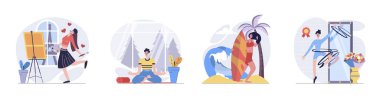 Düz web dizaynında insanların sahnelerinin olduğu hobi konsepti. Sanat eserleri, meditasyon, sörf ve jimnastik eğitimi yapan kadın ve erkek karakter derlemesi. Vektör illüstrasyonları.