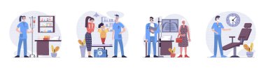 Düz web dizaynında insanların sahne aldığı tıp konsepti. Hemşirelerle ilgilenen hastalarla, çocuk doktorlarıyla, dişçilerle ve röntgenlerle ilgili karakter toplanması. Vektör illüstrasyonları.