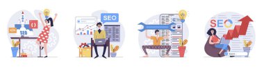 SEO optimizasyon konsepti ve düz web dizaynı. Sitenin grafik ve internet trafik sayfası analizi ve motor arama ayarlarıyla karakter durumu koleksiyonu. Vektör illüstrasyonları.