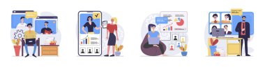 Düz web dizaynında insan sahnelerinin olduğu video konferans konsepti. Bilgisayardan veya mobil uygulamadan gelen zoom araması ile çevrimiçi bağlanan iş arkadaşlarıyla karakter durumunun toplanması. Vektör illüstrasyonları.
