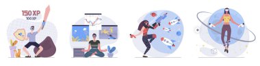 Düz web dizaynında insanların sahnelerinin olduğu sanal gerçeklik kavramı. VR kulaklıklı kullanıcılarla karakter durumunun toplanması oyun öder ya da interaktif ekranlarda iş yapar. Vektör illüstrasyonları.