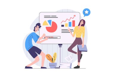 İnternet için modern daire tasarımındaki iş aktiviteleri konsepti. İş arkadaşı işadamı ve iş kadını finansal analizlerle sunum yapıyor, iş toplantısında görevleri tartışıyorlar. Vektör illüstrasyonu.