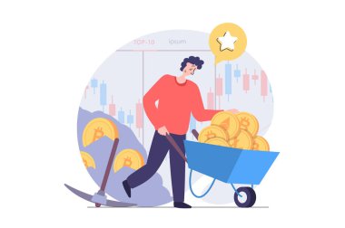 Ağ için modern düz tasarım kripto para madenciliği kavramı. El arabası olan madenci farklı kripto paraları alıyor, Bitcoin çiftliğinde verilerle çalışıyor ve hisse senedi satıyor. Vektör illüstrasyonu.