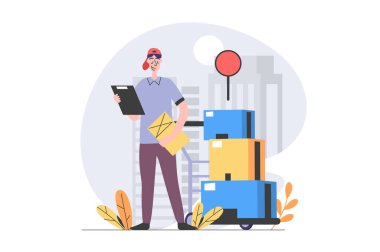 Web için modern düz tasarımda dağıtım konsepti. Pano nakliye paketleri ve karton kutular taşıyan bir kurye. Hızlı ulaşım şirketi ve posta lojistik servisi. Vektör illüstrasyonu.