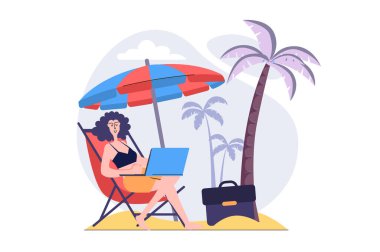 Web için modern düz tasarımda serbest konsept. Tropik plaj tatil beldesinde koltukta otururken internetten çalışan serbest çalışan kadın görevlerini uzaktan yapıyor, tatilde dinleniyor. Vektör illüstrasyonu.