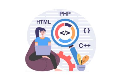 Web için modern düz tasarım programcıları konsepti. Program kodlarıyla çalışan ve dizüstü bilgisayarda araştırma yapan, yeni ürünler geliştiren ve en iyi çözümleri bulan kadın geliştirici. Vektör illüstrasyonu.