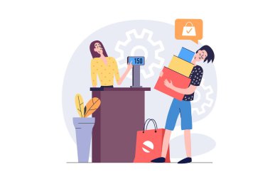 İnternet için modern daire tasarımında alışveriş konsepti. Paketleri olan bir adam mağazada kelepir alımlar yapıyor, en iyi fiyatlarla ürünler alıyor ve kasada ödeme yapıyor. Vektör illüstrasyonu.
