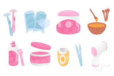 Çizgi film tasarımında mega küme elementler dizayn edildi. Tıraş makinesi, ağda, balmumu, saç temizleme kremi, epilatör, cımbız, fotoepilasyon, diğerleri. Vektör illüstrasyonu.