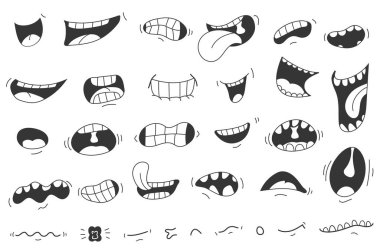Gülümseyen ağızlar mega düz karalama grafik tasarımı elementleri. Ağızları açık ya da kapalı, dilleri ve dişleri olan, komik yüzlere karşı farklı duyguları olan nesneler. Vektör illüstrasyonu.