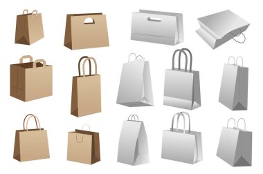 Alışveriş torbası mega set düz grafik tasarımında gerçekçi elementler. Boş kahverengi ve beyaz kağıt paketleri, tek kullanımlık ve geri dönüşümlü paket modellemeleri. Vektör illüstrasyonu.