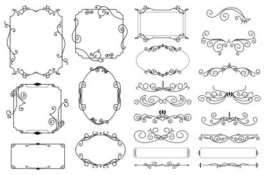 Klasik çerçeveler ve bölenler düz grafik tasarımında mega kümeli elementler. Lüks antika kenarlar, çiçekli bukleler ve dekoratif süslerle süslü köşeler. Vektör illüstrasyonu.
