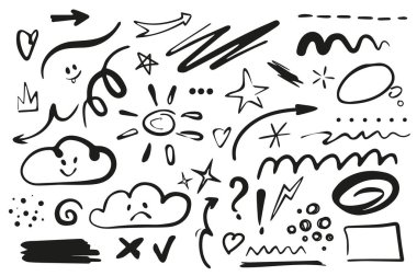 Çizgi şekil işaretleyicisi düz grafik tasarımında elementleri ayarlar. Oklu kara karalama çizimleri, yıldızlar, bulutlar, güneş, bukleler, daire, kare, noktalar, kene, kalp, diğer şeyler. Vektör illüstrasyonu.