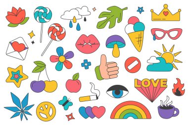 Retro groovy y2k çıkartmaları düz grafik tasarımında elementleri ayarlar. İçinde çiçekler, lolipop, bulut, yaprak, sevgi, öpücük, mantar, gökkuşağı ve diğer şeylerin olduğu garip işaretler. Vektör illüstrasyonu.