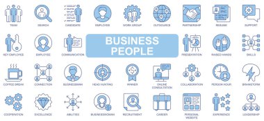 İş adamı simgeleri, ağ için duotone ana hatlı vuruş tasarımı şeklinde dizayn edildi. Ekip, arama, aday, çalışan, çalışma grubu, yetenek, ortaklık, özgeçmiş, destek, diğerleri. Vektör illüstrasyonu.