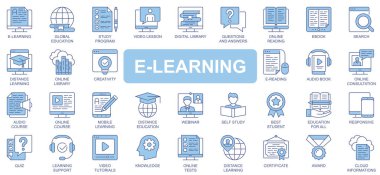E-öğrenme simgeleri, ağ için duoton ana hatlı vuruş tasarımı şeklinde ayarlandı. Küresel eğitim, eğitim programı, video dersi, kütüphane, çevrimiçi okuma, kitap, webinar, diğerleri. Vektör illüstrasyonu.