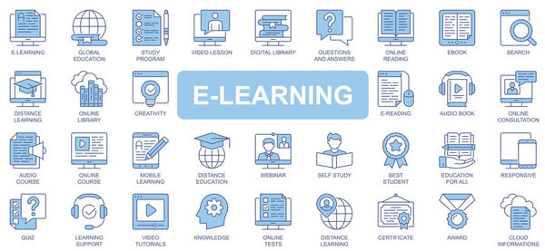 E-learning icons set in duotone outline stroke design for web. Pack pictograms of global education, study program, video lesson, library, online reading, ebook, webinar, other. Vector illustration.