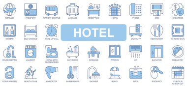 Otel simgeleri ağ için duotone ana hatlı vuruş tasarımı ile ayarlandı. Piktogram uçak, pasaport, havaalanı servisi, bavul, resepsiyon, takas, mini bar, yatak, restoran, diğerleri. Vektör illüstrasyonu.