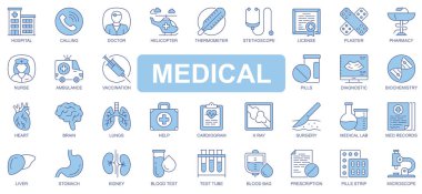 Tıbbî simgeler, ağ için duotone ana hatlı vuruş tasarımına ayarlandı. Piktogram hastane, doktor, helikopter, termometre, steteskop, ehliyet, eczane, hemşire, ambulans, diğerleri. Vektör illüstrasyonu.
