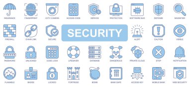 Güvenlik simgeleri ağ için duotone ana hatlı vuruş tasarımına ayarlandı. Piktogram sigorta, parmak izi, kamera, erişim kodu, koruma, yazılım hatası, güvenlik duvarı, bağlantı, diğerleri. Vektör illüstrasyonu.