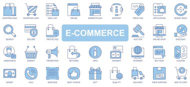 E-ticaret simgeleri, ağ için duotone hatlı vuruş tasarımı şeklinde ayarlandı. Alışveriş poşeti, el arabası, istek listesi, pazar yeri, destek, fiyat etiketi, arama, açık artırma, dükkan, diğer şeyleri paketleyin. Vektör illüstrasyonu.