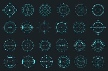 Düz grafik tasarımında yüksek çözünürlüklü hedef mega set elementleri. Radarlarla gelecekteki kullanıcı arayüzü ve gösterge paneli bilgileriyle donatılmış nesneler, askeri görsel navigasyon sistemi. Vektör illüstrasyonu.