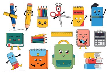 Maskot okulu düz grafik tasarımında mega set elementleri sağlar. Kalem, cetvel, makas, defter, kitaplar, kalemler gibi komik yüzlü sevimli karakterlerin olduğu nesneler. Vektör illüstrasyonu.