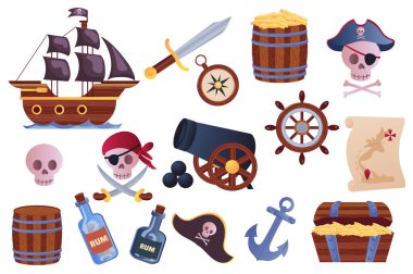 Düz grafik tasarımda Korsan macera mega set elementleri. Gemi, kılıç, pusula, kaptan şapkası, harita, hazine sandığı, şişe rom, fıçı, kafatası, çapa, diğerleri. Vektör illüstrasyonu.
