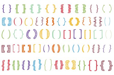 Düz grafik tasarımında gölgelenmiş metin parantezleri mega set elementleri. Renkli karalama parantezleri, süslü kaligrafik alıntı çerçeveler, karalama harfleri. Vektör illüstrasyonu.