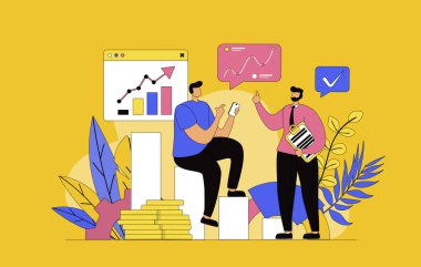 İnternet için modern düz tasarımlı iş istatistikleri konsepti. Veri ve mali raporları analiz eden meslektaşlar, hesaplama ve piyasa araştırmaları yaparak sunumu tartıştılar. Vektör illüstrasyonu.