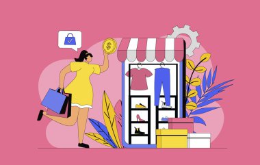 Mobil uygulama kavramı ile modern düz web tasarımı ticareti. Kadın indirimlere bakıyor ve online mağazalarda satış yapıyor, güvenli internet ödemeleriyle alışveriş yapıyor, teslimatı kullanıyor. Vektör illüstrasyonu.