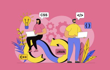 DevOps mühendisleri web için modern düz dizayn ile takım konsepti. Kadın ve erkek birlikte çalışıyor, programcılar iletişim kuruyor, beyin fırtınası yapıyor, yönetiyor ve süreçler kuruyor. Vektör illüstrasyonu.