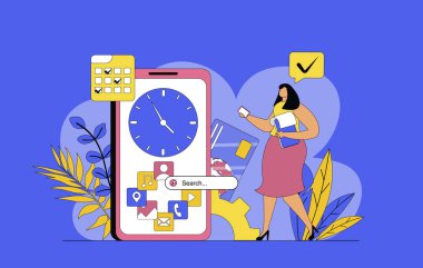 Web için modern düz dizayn ile mobil organizatör konsepti. Kadın uygulamalarda zaman ve görevleri düzenler, takvimde toplantıları işaretler, dosyaları yönetir, teslim tarihleri için iş takvimlerini ayarlar. Vektör illüstrasyonu.