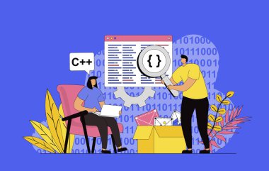 Web için modern düz tasarımı olan yazılım konsepti. Ekranlarda kod ile çalışan geliştiriciler, yeni program ürünleri ve yazılımlar yaratıyorlar, arama ve optimizasyon uygulamaları. Vektör illüstrasyonu.