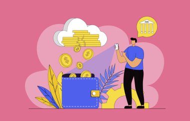 Web için modern düz tasarımı olan sanal finans kavramı. Adam dijital cüzdan ve banka hesabındaki kişisel parayı yönetiyor, işlem yapıyor ve mobil uygulamalardaki bankacılık hizmetlerini kullanıyor. Vektör illüstrasyonu.
