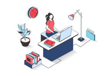 İzometri insanların web için tasarladığı 3D izometrik iş ofisi konsepti. Dizüstü bilgisayarda çalışan bir kadın, masa başında çalışırken, evrak işleriyle uğraşırken ve rutin işlerle uğraşırken. Vektör illüstrasyonu.