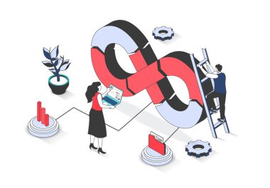 İzometri insanlarının web için tasarladığı 3d izometrik bir tasarım. Erkek ve kadın çalışma sürecinde çevik geliştirme operasyonları mimarisini kullanarak ekip oluşturup programlıyorlar. Vektör illüstrasyonu.