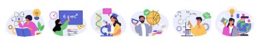 Eğitim konsepti ağ için düz tasarım üzerine kurulmuştur. Bilim öğrenen, kitap okuyan, beyin fırtınası yapan ve bilgi toplayan, laboratuvarda mikroskopla testler yapan insanlarla bir koleksiyon. Vektör illüstrasyonu.