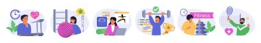 Spor konsepti ağ için düz tasarım olarak ayarlandı. Koşu bandında kardiyo antrenmanı yapan, spor topuyla egzersiz yapan, kilo veren, halter kaldıran, tenis oynayan insanlarla koleksiyon. Vektör illüstrasyonu.