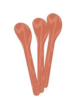 Üç ahşap mutfak kaşığı düz vektör çizimi yerli ya da mutfak bağlamında ahşap mutfak aletlerini göstermek için mükemmeldir.