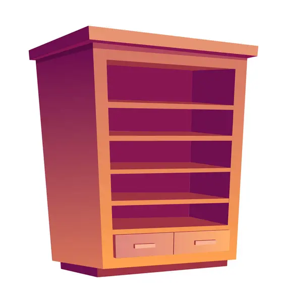 stock vector Modern wooden bookshelf in flat vector illustration Empty shelves with two drawer compartments at the bottom Showing a contemporary minimalist design with orange and purple shades